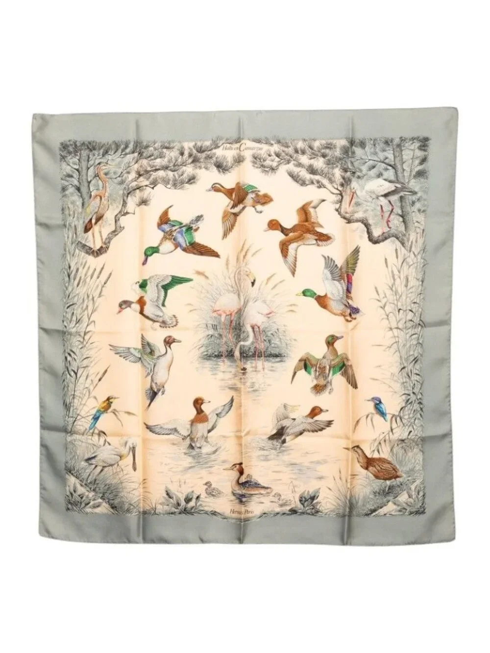 Hermes Carre 90 Halte en Camargue Rest in Scarf Gray Multicolor Silk